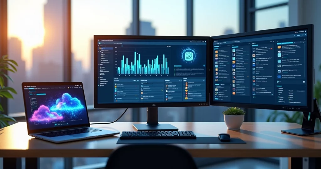 Comparação detalhada entre software SaaS e on-premise em telas de computador e elementos digitais