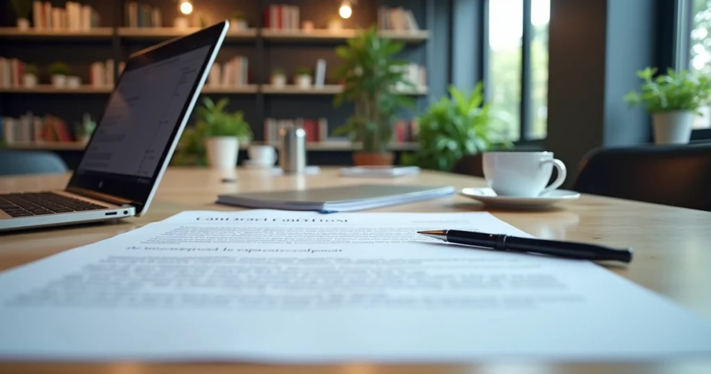 Mesa de reunião com documentos de contrato, laptop aberto, caneta e café ao lado, ambiente corporativo com luz natural