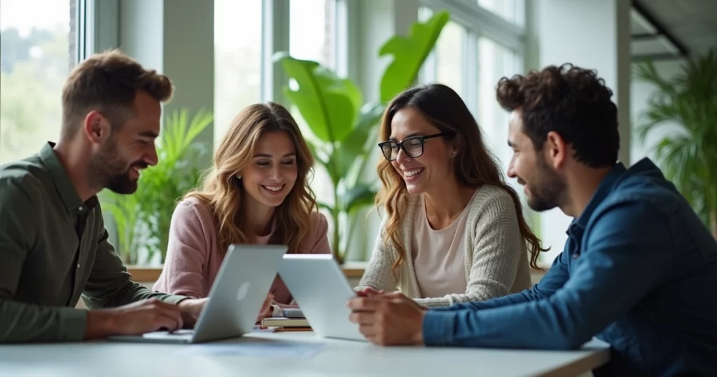 Profissionais diversos colaborando em um escritório de tecnologia moderno, com computadores e tablets