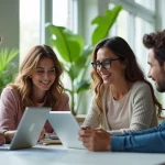 Profissionais diversos colaborando em um escritório de tecnologia moderno, com computadores e tablets