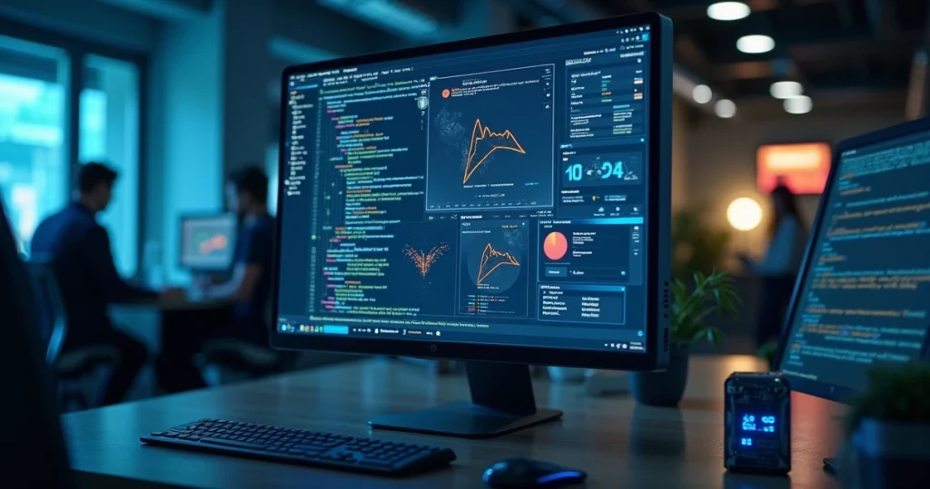Computador com gráficos e código de inteligência artificial em ambiente corporativo moderno mostrando temas de compliance e tecnologia