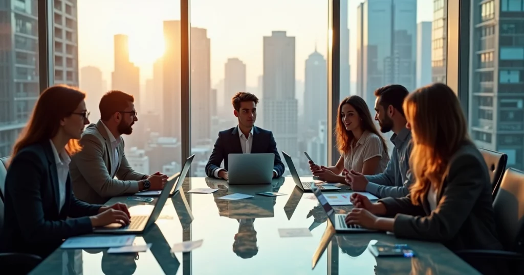 Equipe de liderança discutindo estratégias em sala moderna