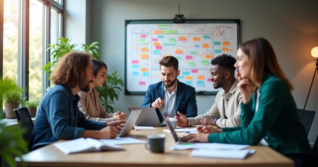 Equipe diversa trabalhando junta em um escritório moderno, organizando tarefas em quadro Kanban para projeto ágil de inovação
