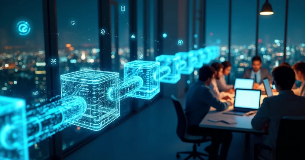 Conceito de blockchain conectando blocos digitais sobre cidade tecnológica moderna