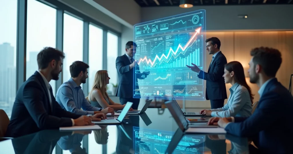 Equipe de vendas B2B reunida em mesa com painel digital de inteligência artificial ao fundo