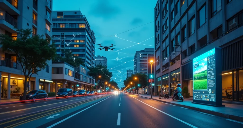 Rede de dispositivos conectados simbolizando internet das coisas em cidade brasileira moderna