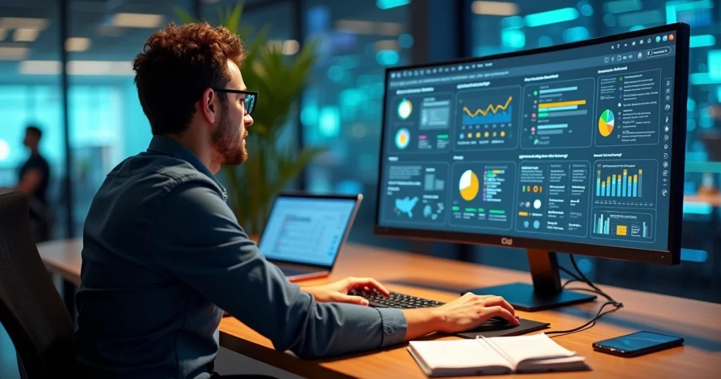 Empreendedor de TI analisando checklist de auditoria de dados em painel digital