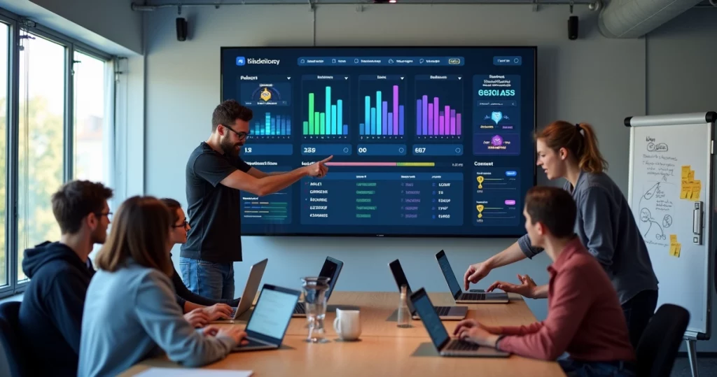 Equipe de tecnologia usando painel gamificado com rankings e metas