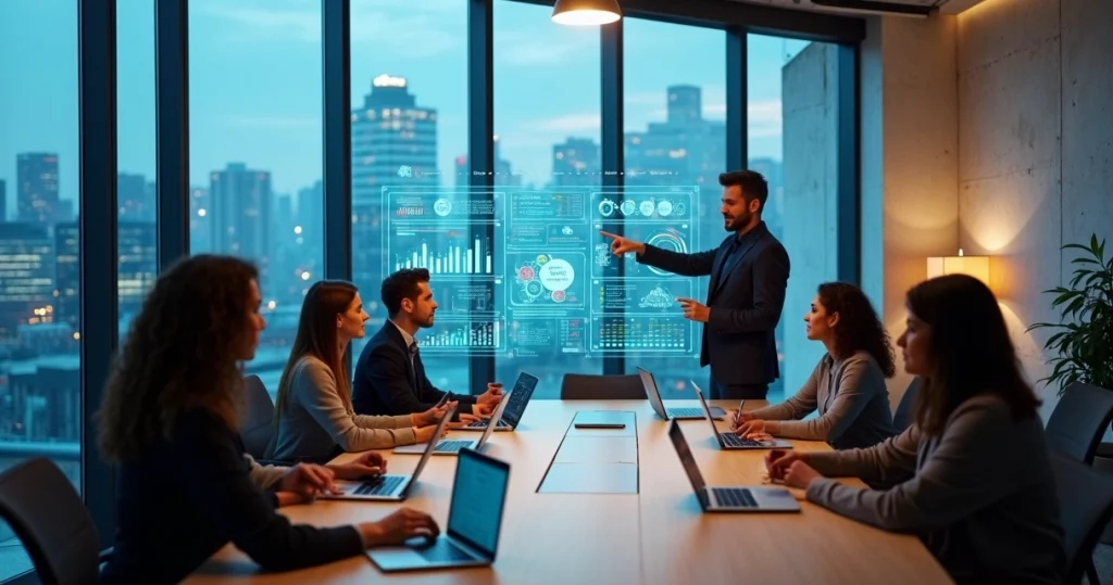 Equipe de RH analisando dados digitais em startup de tecnologia moderna