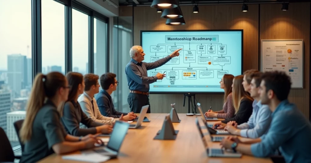 Mentor orientando equipe de startup em reunião moderna