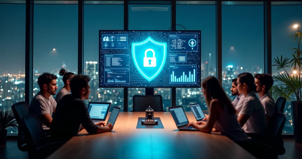 Equipe de startup de tecnologia analisando dados em telas com ícones de segurança digital