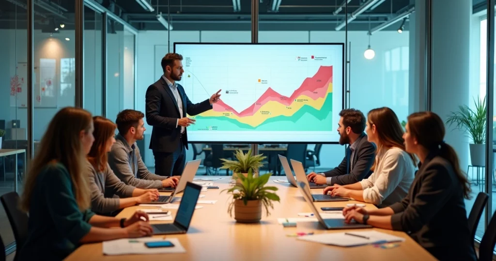 Equipe de startup analisando dados em reunião estratégica