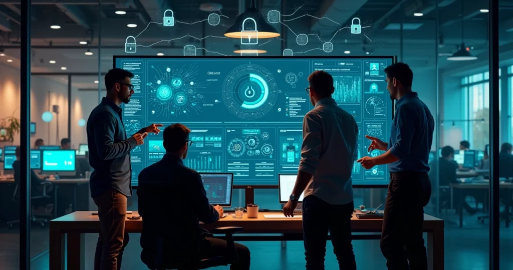 Fundadores de startup analisando painel de cibersegurança em escritório moderno