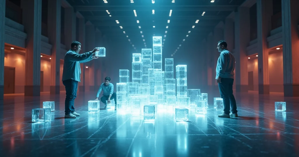 Três founders reorganizando blocos coloridos em forma de modelo de negócios futurista