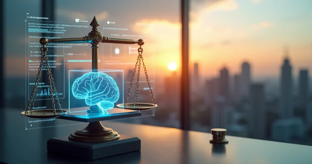 Balanciça da justiça em frente a um cérebro digital com elementos ligados a startups na paisagem de uma grande cidade brasileira