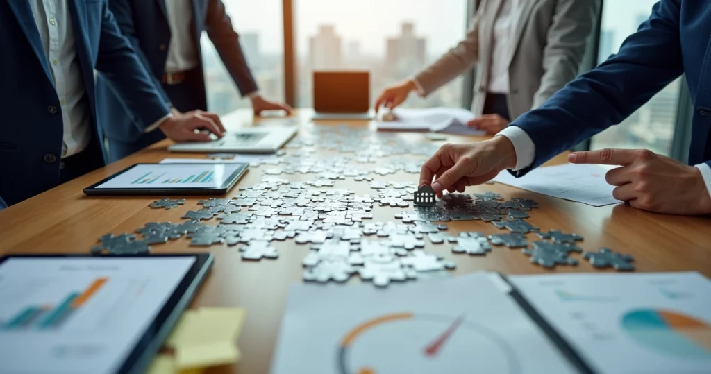 Executivo ajustando peças de quebra-cabeça com ícones de SaaS e gráficos de margem de lucro