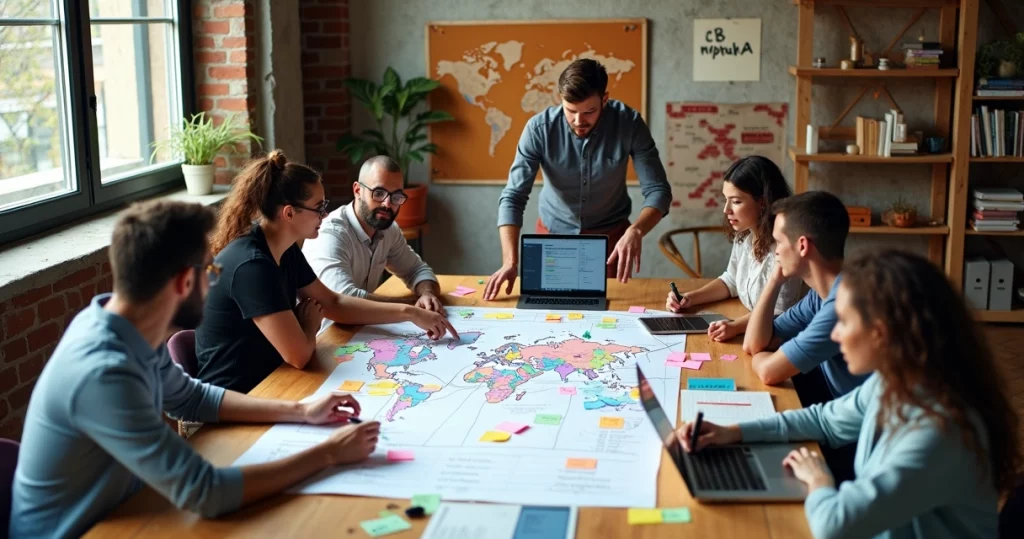 Squad multicultural de tecnologia colaborando em espaço criativo
