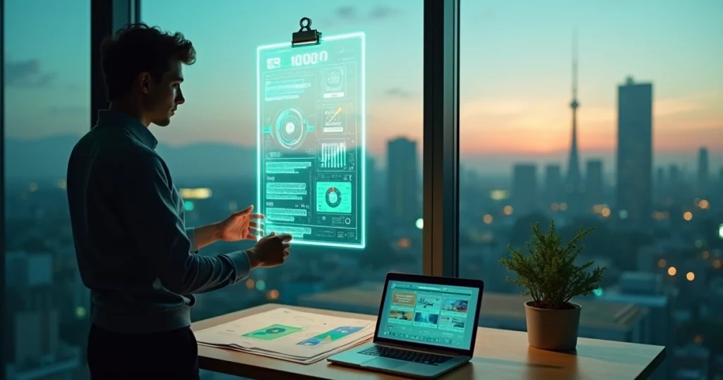 Co-founder observa cidade refletida em relatórios ESG digitais