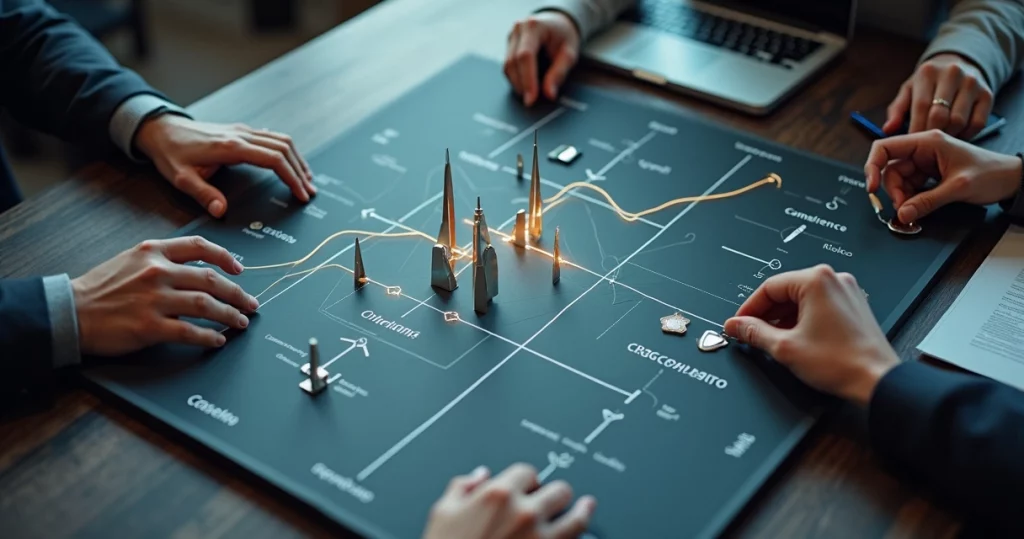 Tabuleiro de estratégia com peças representando crescimento de empresa de tecnologia